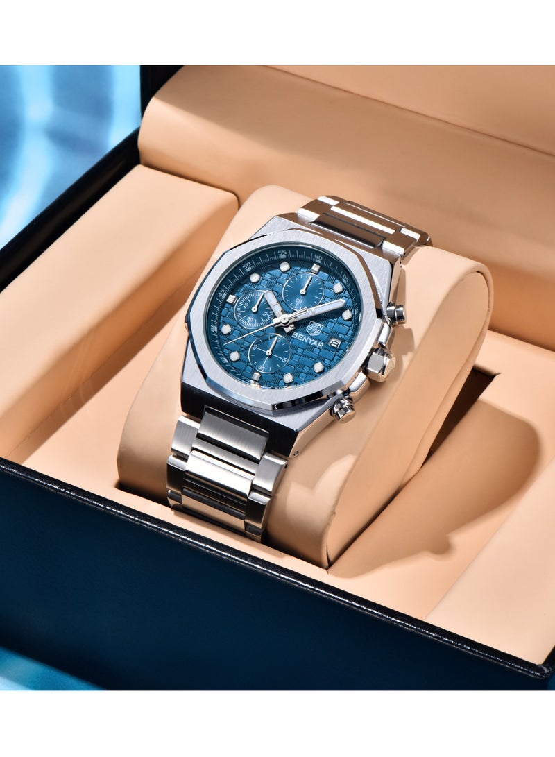 بينيار ساعة كوارتز رجالية ، كرونوغراف متعدد الوظائف ، حزام من الفولاذ المقاوم للصدأ ، حافة حجر الراين ، مقاومة للماء 50 م ، مؤشرات مضيئة ، ساعة يد أعمال غير رسمية ، أزرق فضي من 5216 م - Image 3