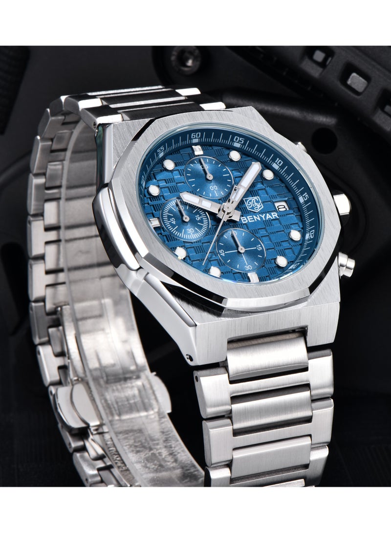 بينيار ساعة كوارتز رجالية ، كرونوغراف متعدد الوظائف ، حزام من الفولاذ المقاوم للصدأ ، حافة حجر الراين ، مقاومة للماء 50 م ، مؤشرات مضيئة ، ساعة يد أعمال غير رسمية ، أزرق فضي من 5216 م - Image 4