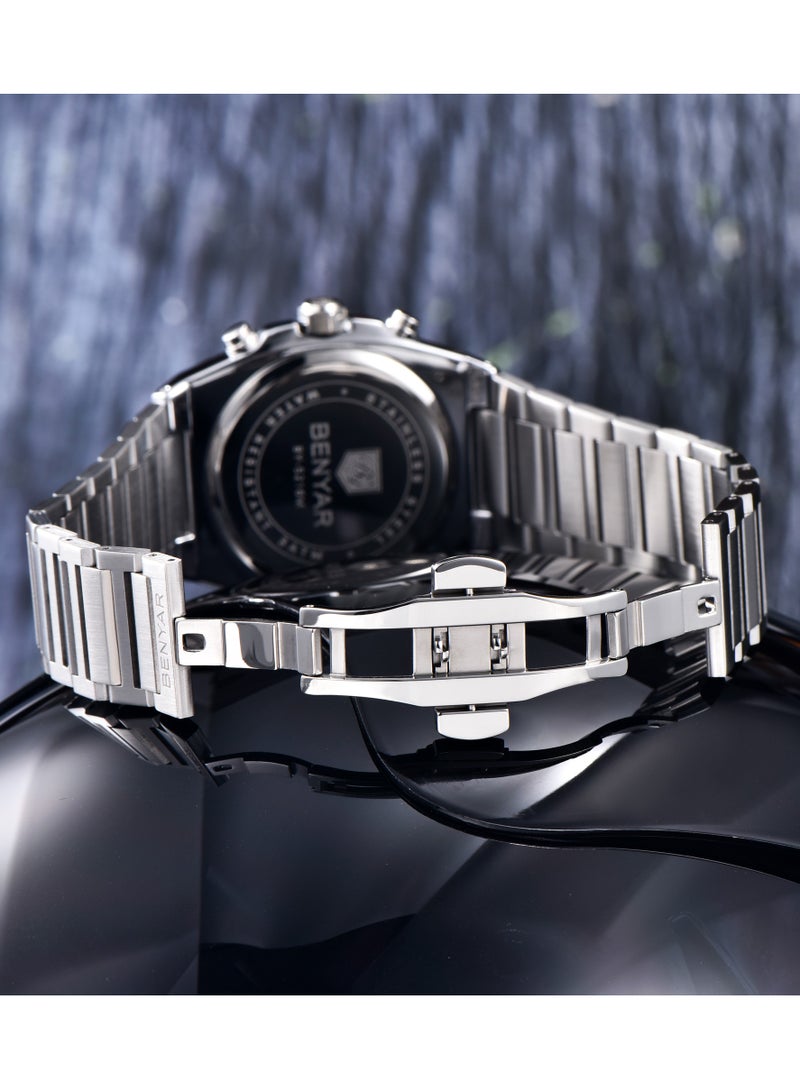 بينيار ساعة كوارتز رجالية ، كرونوغراف متعدد الوظائف ، حزام من الفولاذ المقاوم للصدأ ، حافة حجر الراين ، مقاومة للماء 50 م ، مؤشرات مضيئة ، ساعة يد أعمال غير رسمية ، أزرق فضي من 5216 م - Image 5