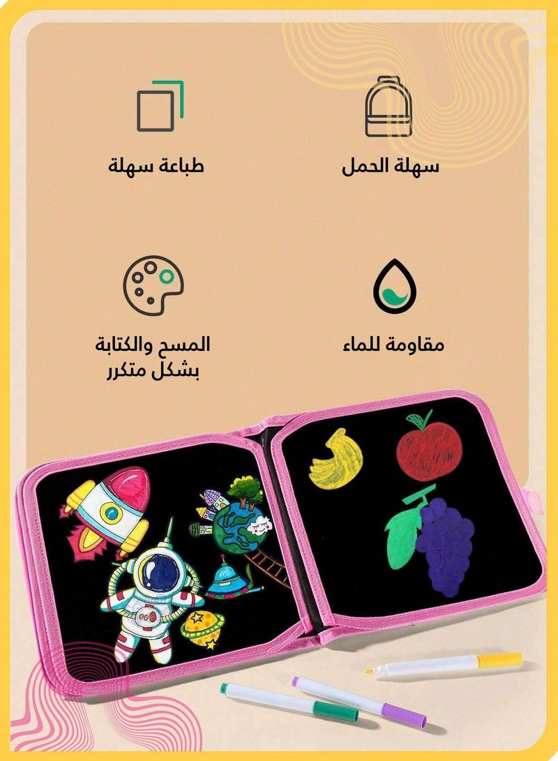 شراء جوي كتاب رسم قابل للمسح للأطفال، لوح رسم وتلوين بـ٨ صفحات قابلة لإعادة الاستخدام مع ١٢ قلم ألوان مائية و٢ قطعة قماش تنظيف، دفتر رسم سحري محمول للأنشطة أثناء السفر وتعليم ما قبل المدرسة - Image 3