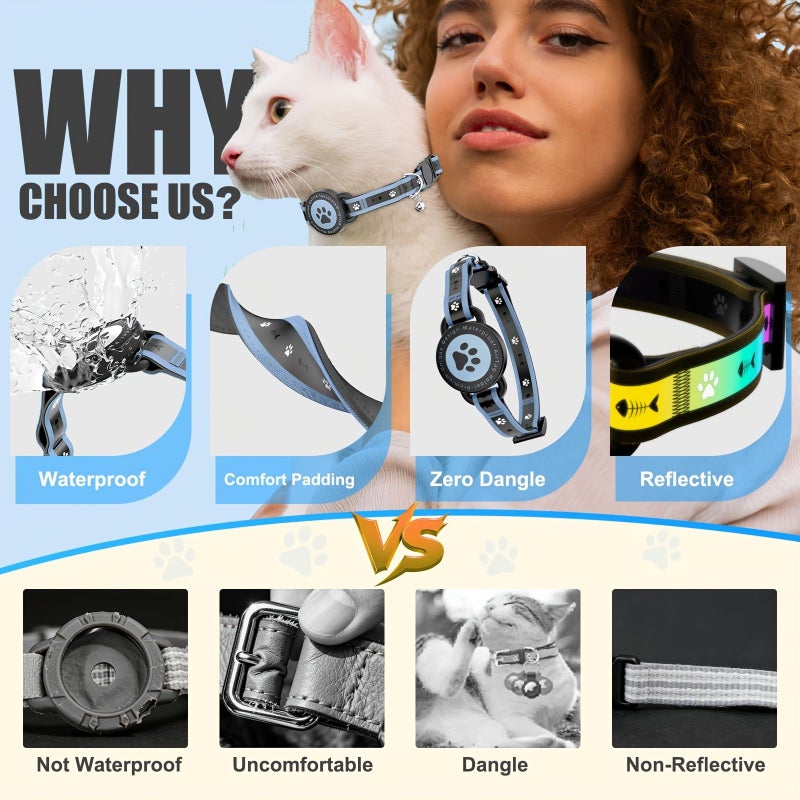 Sky Blue Breakaway Cat Collar With AirTag Holder Reflective Adjustable Soft Padded For Kittens To Adult Cats Bell Included - Image 4