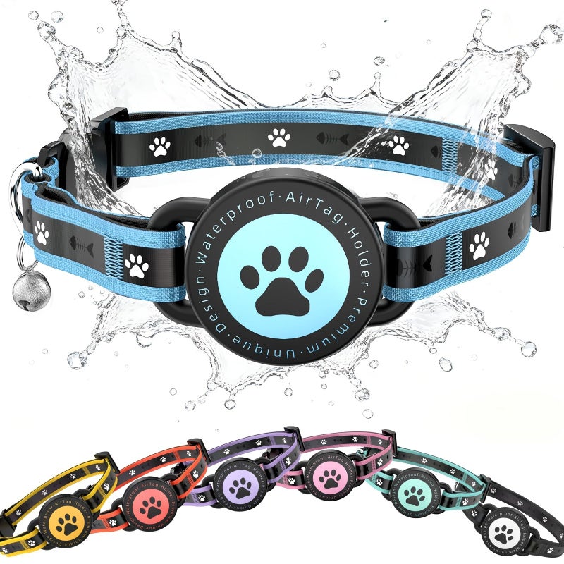Sky Blue Breakaway Cat Collar With AirTag Holder Reflective Adjustable Soft Padded For Kittens To Adult Cats Bell Included - Image 1