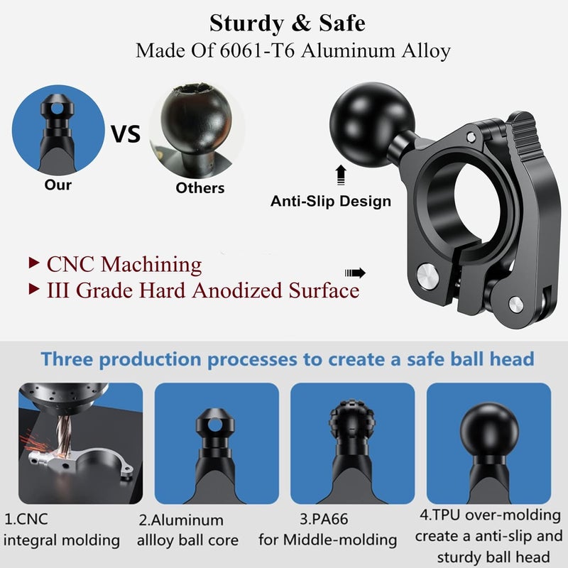 BRCOVAN 10 Pack, Aluminum Alloy Handlebar Clamp Mount Base with 1'' TPU Ball for Rail Diameter 0.5'' 0.87'' 1'' 1.125'' 1.26'', Compatible with RAM Mounts B Size 1 Inch Ball Double Socket Arm - Image 3