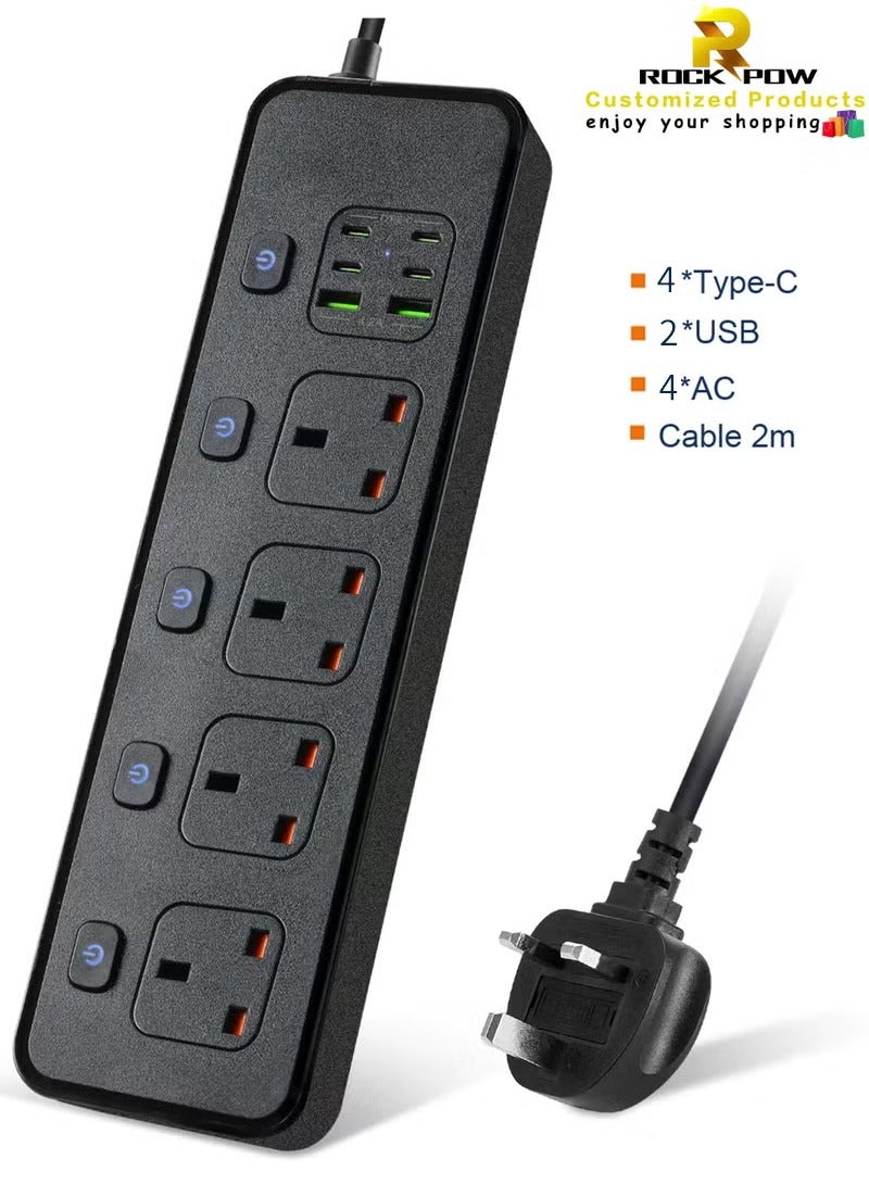 Power Strips Extension Cord 4 Sockets Universal Plug Adapter with 4 USB C & 2 USB A Ports Surge Protector Charging Socket with 2m Bold Extension Cord (Black)