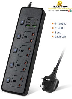 Rock Pow Power Strips Extension Cord 4 Sockets Universal Plug Adapter with 4 USB C & 2 USB A Ports Surge Protector Charging Socket with 2m Bold Extension Cord (Black)  - Image 1