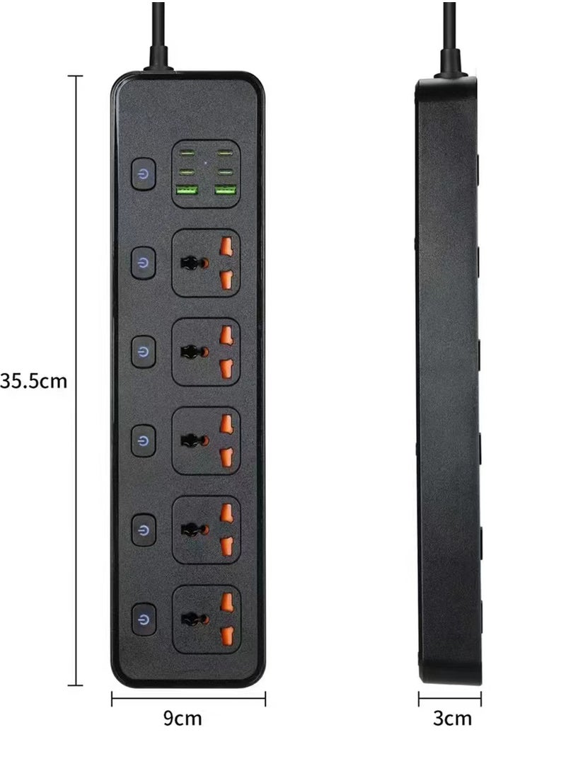 Rock Pow - Power Strips Extension Cord 4 Sockets Universal Plug Adapter with 4 USB C & 2 USB A Ports Surge Protector Charging Socket with 2m Bold Extension Cord (Black) - Image 1