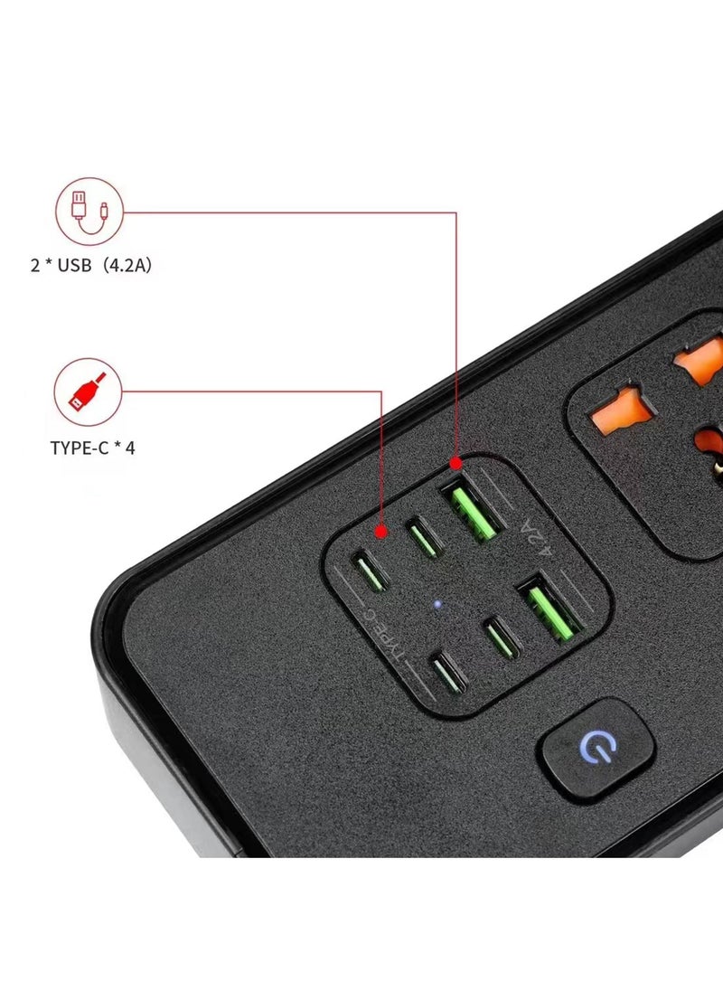 Rock Pow - Power Strips Extension Cord 4 Sockets Universal Plug Adapter with 4 USB C & 2 USB A Ports Surge Protector Charging Socket with 2m Bold Extension Cord (Black) - Image 1