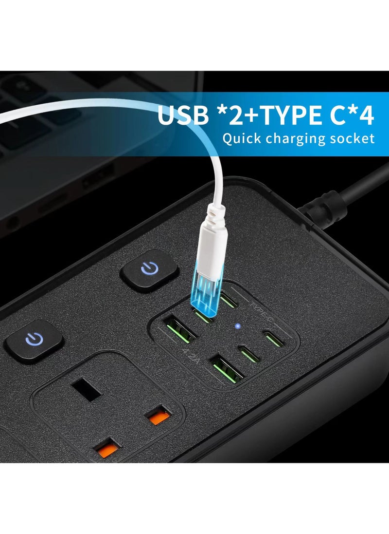 Rock Pow - Power Strips Extension Cord 4 Sockets Universal Plug Adapter with 4 USB C & 2 USB A Ports Surge Protector Charging Socket with 2m Bold Extension Cord (Black) - Image 1