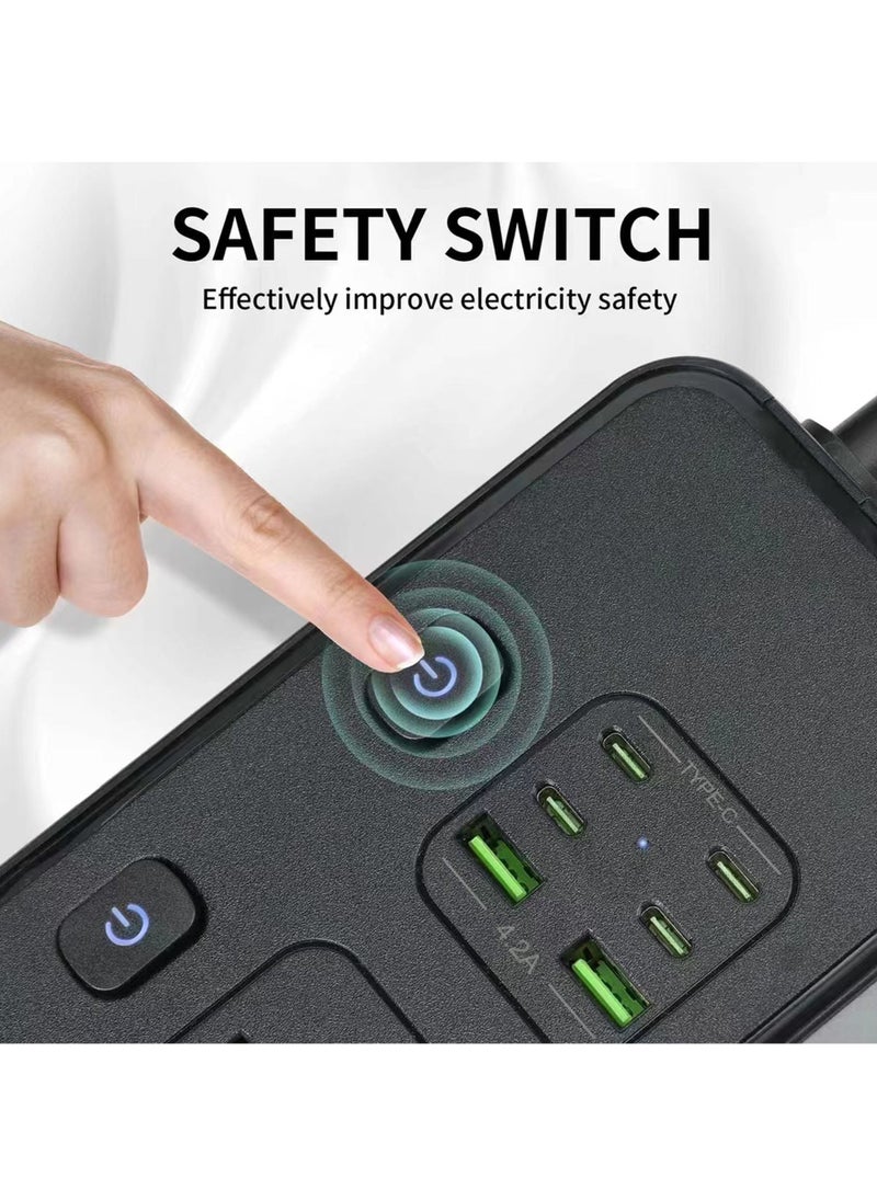 Rock Pow - Power Strips Extension Cord 4 Sockets Universal Plug Adapter with 4 USB C & 2 USB A Ports Surge Protector Charging Socket with 2m Bold Extension Cord (Black) - Image 1