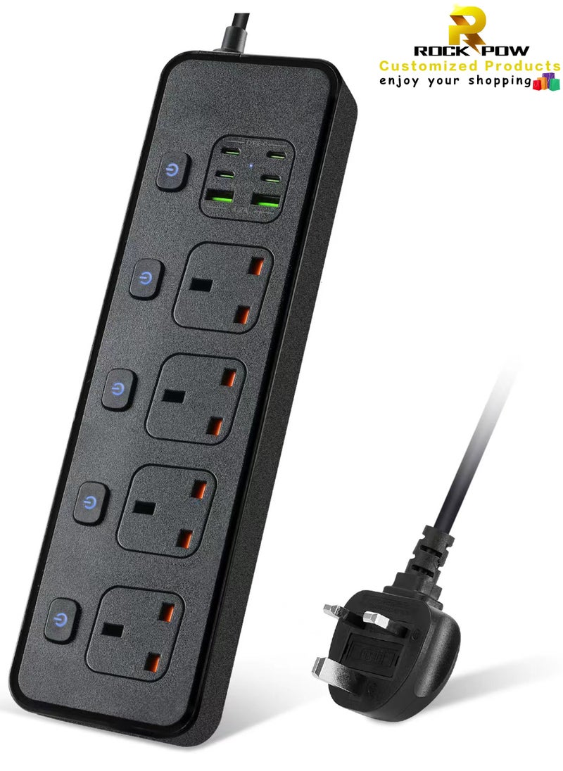 Rock Pow - Power Strips Extension Cord 4 Sockets Universal Plug Adapter with 4 USB C & 2 USB A Ports Surge Protector Charging Socket with 2m Bold Extension Cord (Black) - Image 1