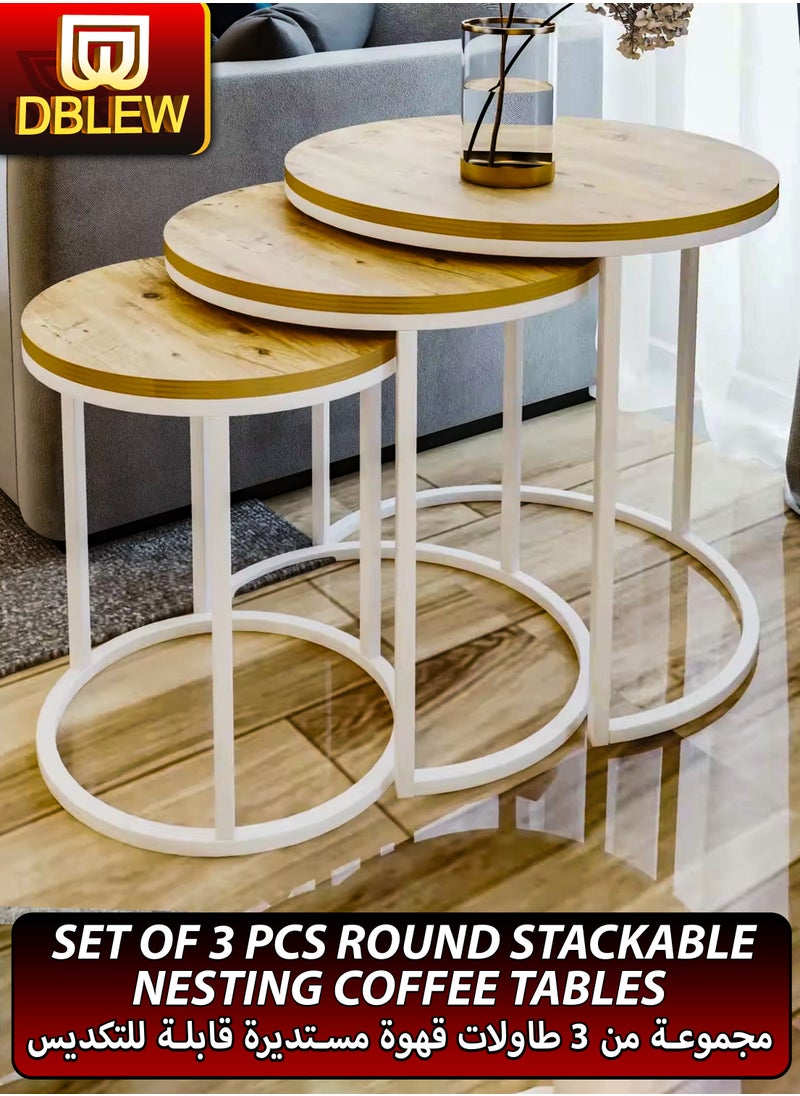 DBLEW - 3 Pieces Round Nesting Side Table Set Minimalist Coffee Tables Wood Top Accent Tables Industrial End Tables For Home Office Living Room Hall And Small Spaces Sofa Centre Teapoy Table - Image 1
