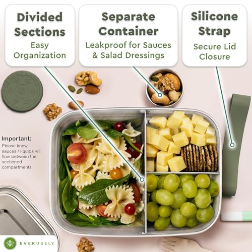 Everusely - Bento Box - Sage, 60oz / 1.8 L - Extra Large Stainless Steel Lunch Box + Leakproof Condiment Container - 3 Compartment Snack Organizer for On the Go Meals - Freezer & Dishwasher Safe - Image 4