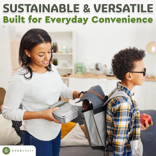 Everusely - Bento Box - Sage, 60oz / 1.8 L - Extra Large Stainless Steel Lunch Box + Leakproof Condiment Container - 3 Compartment Snack Organizer for On the Go Meals - Freezer & Dishwasher Safe - Image 3