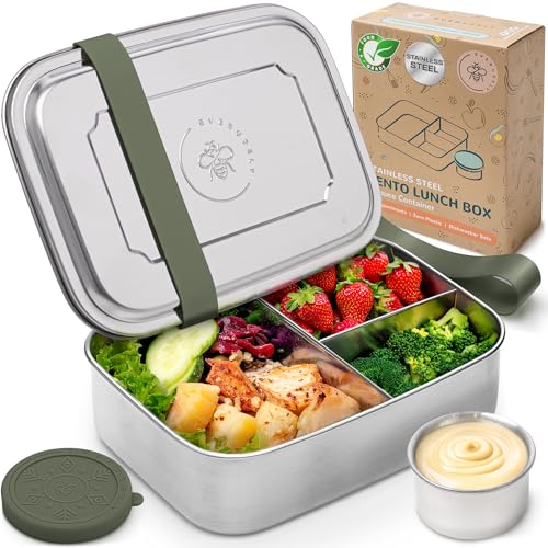 Everusely - Bento Box - Sage, 60oz / 1.8 L - Extra Large Stainless Steel Lunch Box + Leakproof Condiment Container - 3 Compartment Snack Organizer for On the Go Meals - Freezer & Dishwasher Safe - Image 1