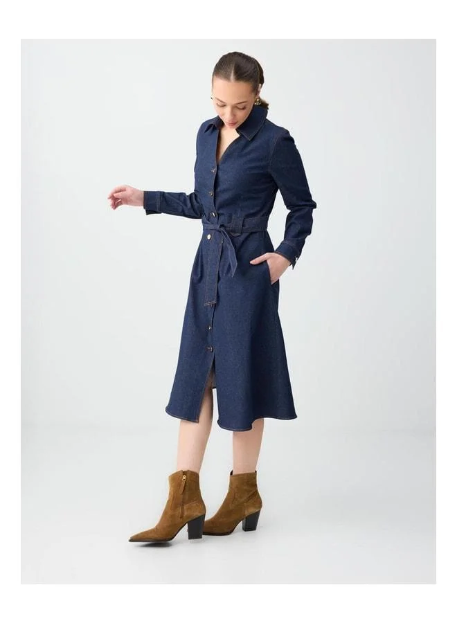 Jimmy Key Dark Indigo Blue Slim-Fit Polo-Collar Long Sleeve Woven Midi Dress.