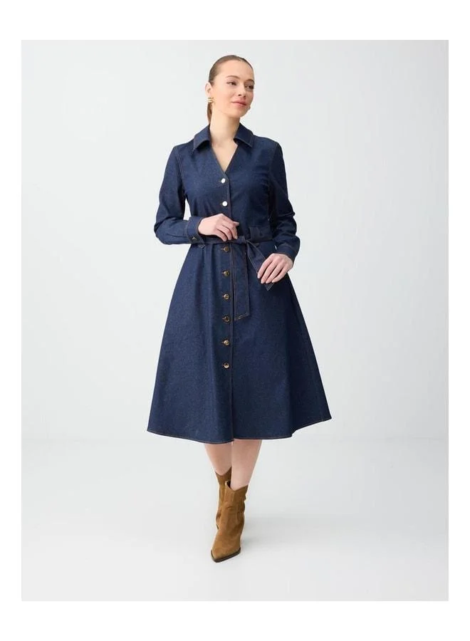 Jimmy Key Dark Indigo Blue Slim-Fit Polo-Collar Long Sleeve Woven Midi Dress.