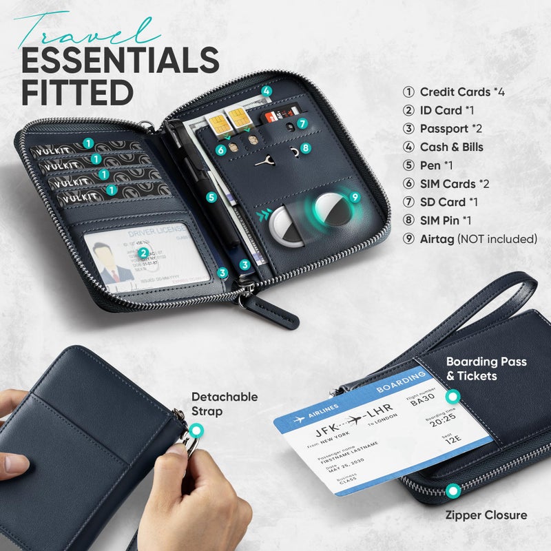 VULKIT Passport Holder for Travel with Airtag Slot, Premium Nappa Leather, RFID Blocking, Zipper Closure with Wrist Strap, Travel Document Organizer - Image 3