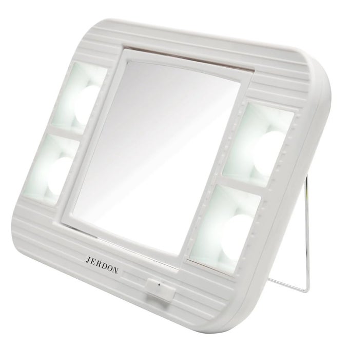 TWOSIDED MAKEUP MIRROR WITH LIGHTS VANITY MIRROR WITH 5X MAGNIFICATION TWO SETTING GLAREFREE LIGHTING WHITE BASE MODEL J1015