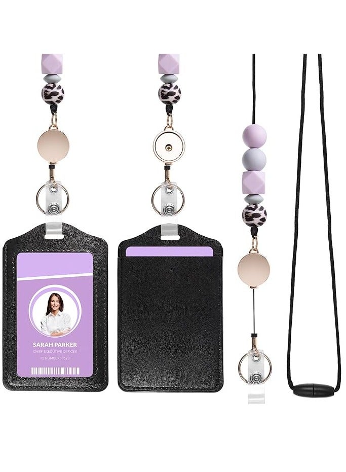Mmmon ID Badge Holder with Retractable Lanyards and Keyring,PU Leather Badge Holder with Safety Breakaway Lanyards,Bead Lanyard with Badge Reels for Teacher Office Staff Students(Purple)  - Image 1