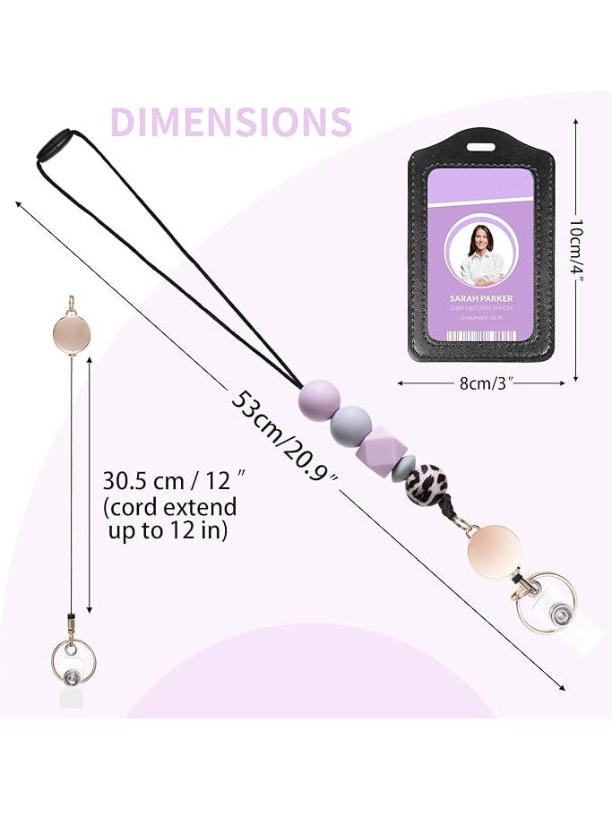 Mmmon ID Badge Holder with Retractable Lanyards and Keyring,PU Leather Badge Holder with Safety Breakaway Lanyards,Bead Lanyard with Badge Reels for Teacher Office Staff Students(Purple)  - Image 2