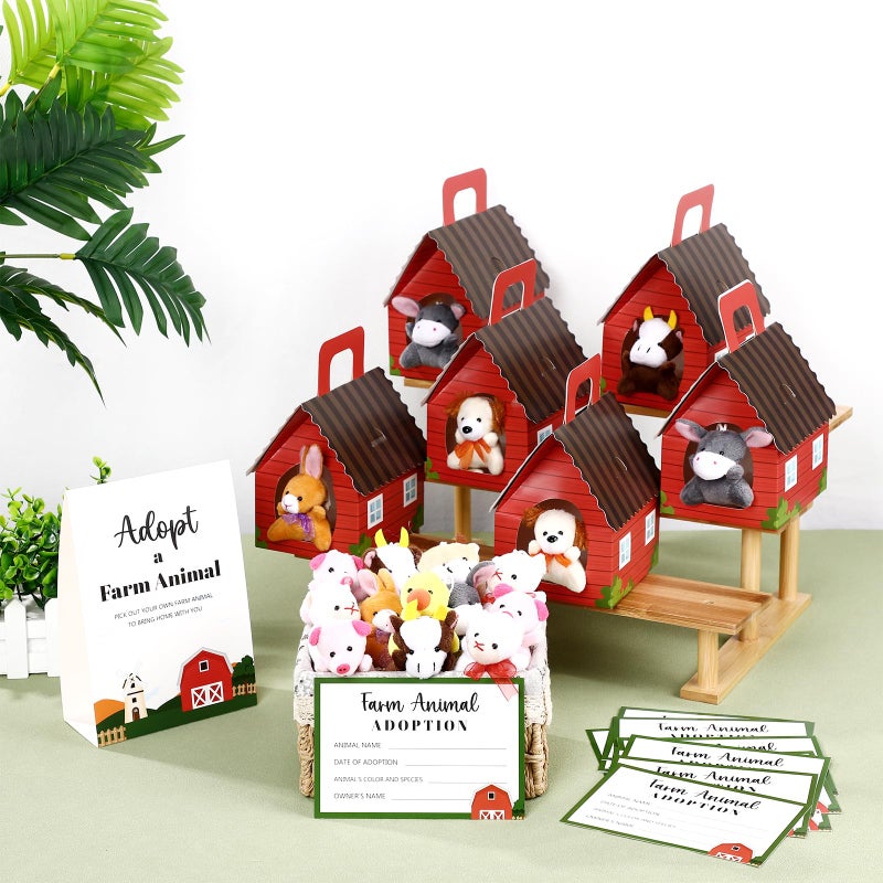 Blueweenly 73 Pcs Adopt a Farm Animal Set Party Favors Mini Plush Farm Toys Foldable Red Carton Barn Adoption Cards 1 Sign Animal Bulk with Favor Bags for Adopt a Pet Party Favors Birthday Supply - Image 2