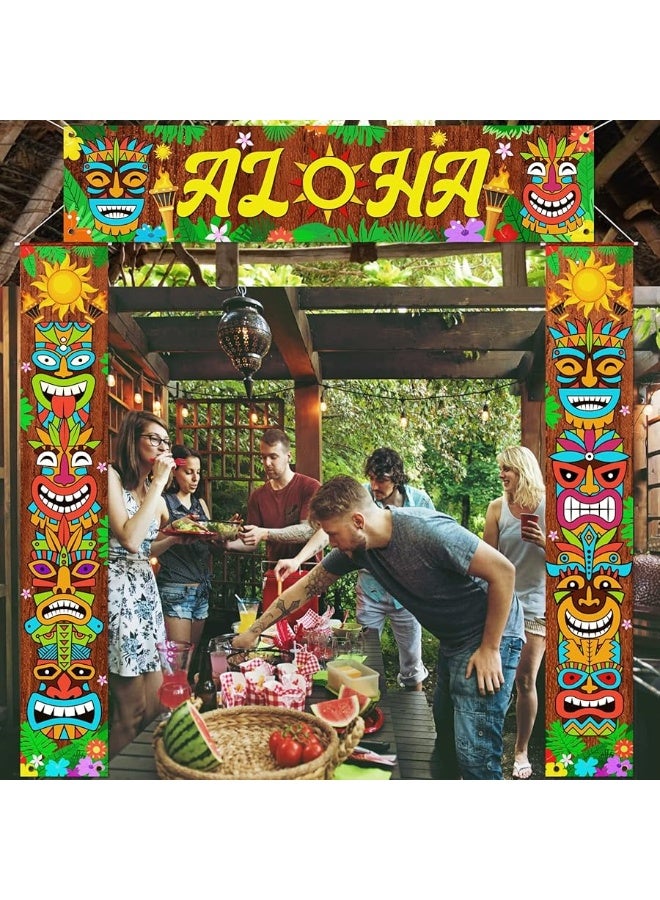 Garma 3PCS Hawaiian Luau Party Decorations Tiki Banner, Aloha Banner Welcome Door Porch Signs for Tiki Bar Tropical Moana Carnival Party Jungle Backdrop Wall Hanging Decor Supplies - Image 1