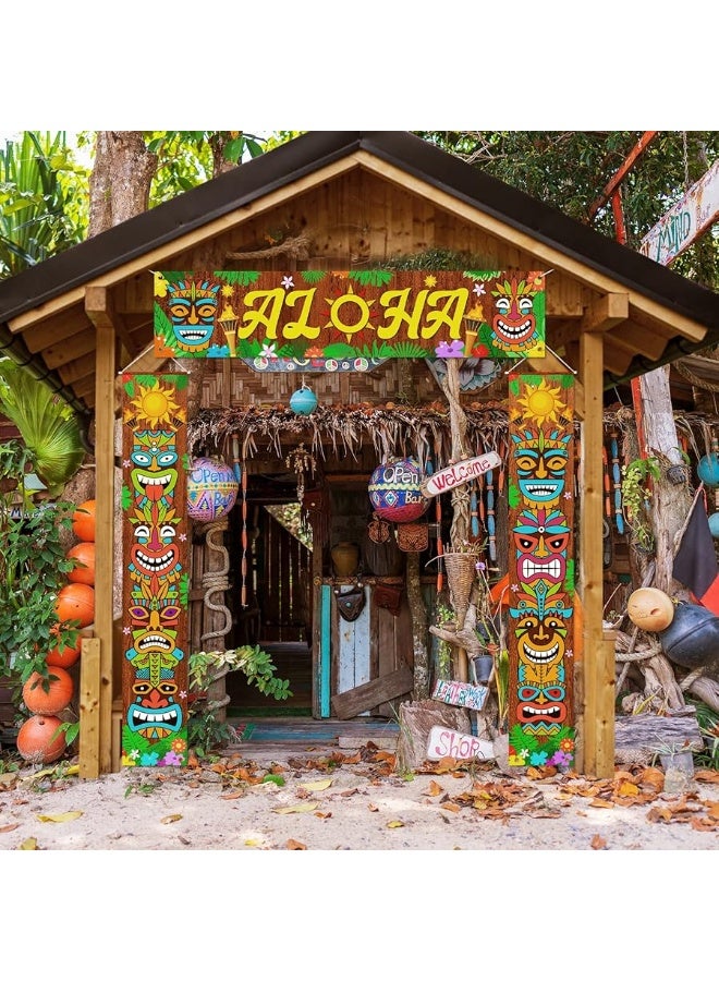 Garma 3PCS Hawaiian Luau Party Decorations Tiki Banner, Aloha Banner Welcome Door Porch Signs for Tiki Bar Tropical Moana Carnival Party Jungle Backdrop Wall Hanging Decor Supplies - Image 2