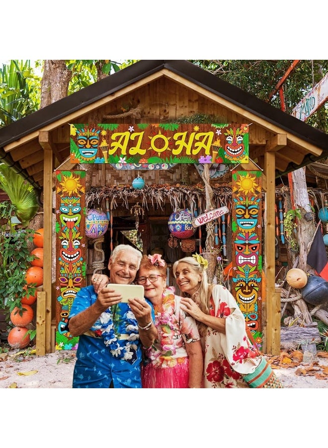 Garma 3PCS Hawaiian Luau Party Decorations Tiki Banner, Aloha Banner Welcome Door Porch Signs for Tiki Bar Tropical Moana Carnival Party Jungle Backdrop Wall Hanging Decor Supplies - Image 3