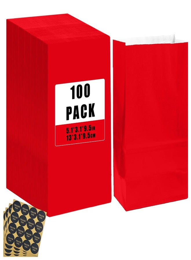 Bakepacker 100 Pcs Red Treat Paper Bags with 100 Stickers 5.1"x3.1"x9.4" Small Party Gift Bag Snack Bag without Handle - Image 1