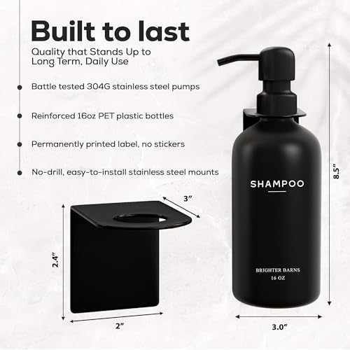 Brighter Barns Black Shampoo and Conditioner Dispenser Set Wall Mounted by Brighter Barns - 3 Chamber No Drill Shampoo Bottles for Shower Wall - Refillable Plastic Shower Soap Dispenser for Airbnb, RV, Hotel (Black) - Image 3