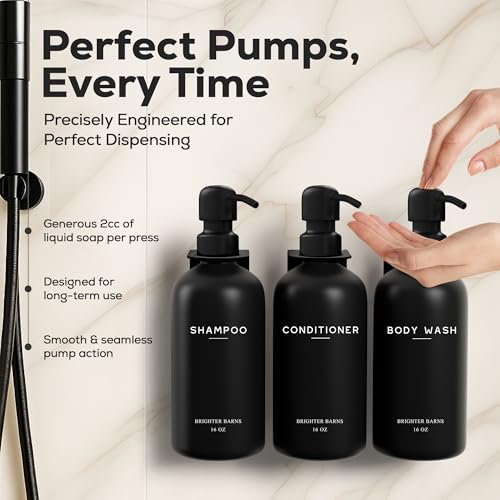 Brighter Barns Black Shampoo and Conditioner Dispenser Set Wall Mounted by Brighter Barns - 3 Chamber No Drill Shampoo Bottles for Shower Wall - Refillable Plastic Shower Soap Dispenser for Airbnb, RV, Hotel (Black) - Image 4