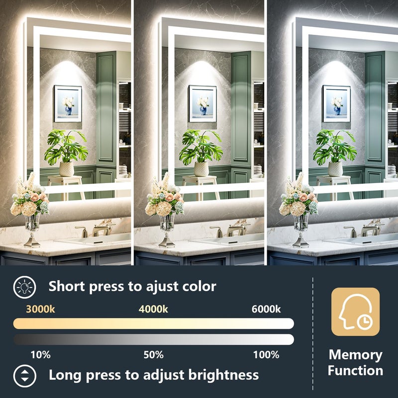 YEELAIT 20x28 Inch LED Bathroom Mirror with Lights Front and Backlit Lighted Vanity Mirror for Bathroom Wall with 3 Colors Dimmable Anti-Fog Memory Shatter-Proof IP54 Waterproof Horizontal/Vertical - Image 4