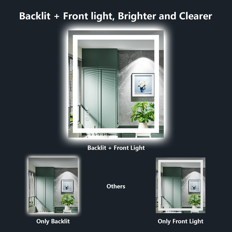 YEELAIT 20x28 Inch LED Bathroom Mirror with Lights Front and Backlit Lighted Vanity Mirror for Bathroom Wall with 3 Colors Dimmable Anti-Fog Memory Shatter-Proof IP54 Waterproof Horizontal/Vertical - Image 3