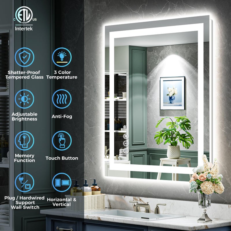 YEELAIT 20x28 Inch LED Bathroom Mirror with Lights Front and Backlit Lighted Vanity Mirror for Bathroom Wall with 3 Colors Dimmable Anti-Fog Memory Shatter-Proof IP54 Waterproof Horizontal/Vertical - Image 2