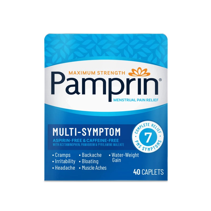 Pamprin Multi-Symptom Formula, with Acetaminophen, Menstrual Period Symptoms Relief including Cramps, Pain, Bloating, and Irritability 40 Caplets - Image 1