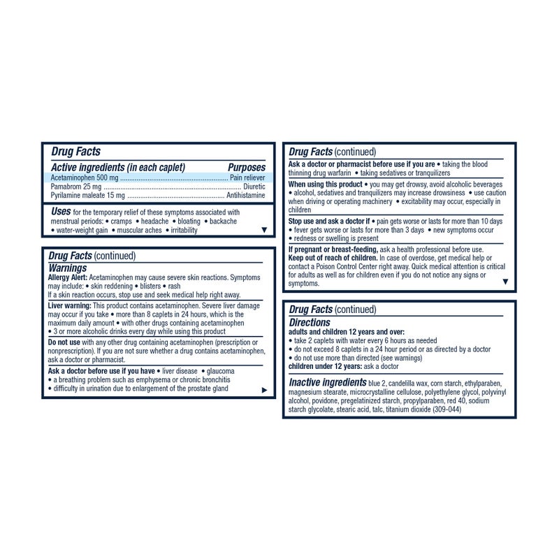 Pamprin Multi-Symptom Formula, with Acetaminophen, Menstrual Period Symptoms Relief including Cramps, Pain, Bloating, and Irritability 40 Caplets - Image 2