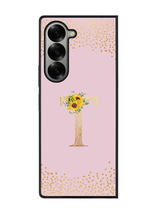 Stylizedd Rugged Black edge case for Samsung Galaxy Z Fold6, Slim fit Case Flexible Cover - Custom Monogram Initial Letter Floral Pattern Alphabet - T (Pink ) - Image 1