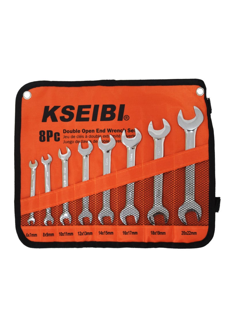 KSEIBI Double Open End Spanner Wrench Set 8-Pc with Cloth Bag, Made of Chrome Vanadium with Mirror Finish, Metric Sizes 6x7mm-20x22mm, for Repairing Automotive, Bicycle, Faucets, Valves, Pipes and DIY. - Image 1