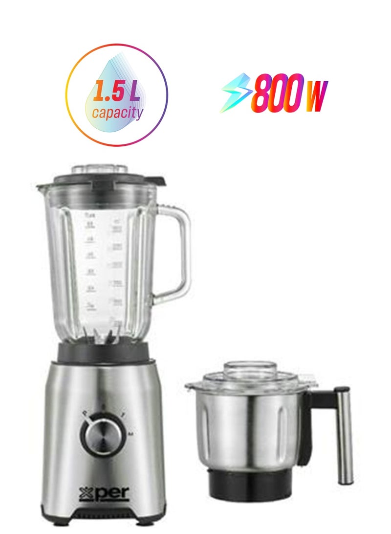 XPER Xper Blender, 800 Watts, 1.5 Liters, Glass with Grinder, Stainless Steel - XPTB-800GS 
