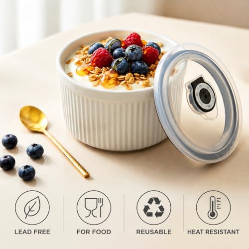 Hoilse 14 oz Ceramic Ramekins with Lids, Set of 4 Oven Safe Porcelain Creme Brulee Ramekins for Baking, Souffle, Pudding, Dessert, Dip, Leftovers & Food Storage, (White) - Image 5