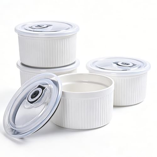Hoilse 14 oz Ceramic Ramekins with Lids, Set of 4 Oven Safe Porcelain Creme Brulee Ramekins for Baking, Souffle, Pudding, Dessert, Dip, Leftovers & Food Storage, (White) - Image 1