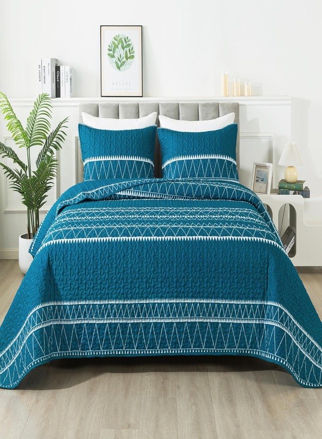 Andency Teal Quilt Set California King (112x104 Inch), 3 Pieces(1 Striped Triangle Printed Quilt and 2 Pillowcases), Bohemian Summer Lightweight Reversible Microfiber Bedspread Coverlet Sets - Image 1