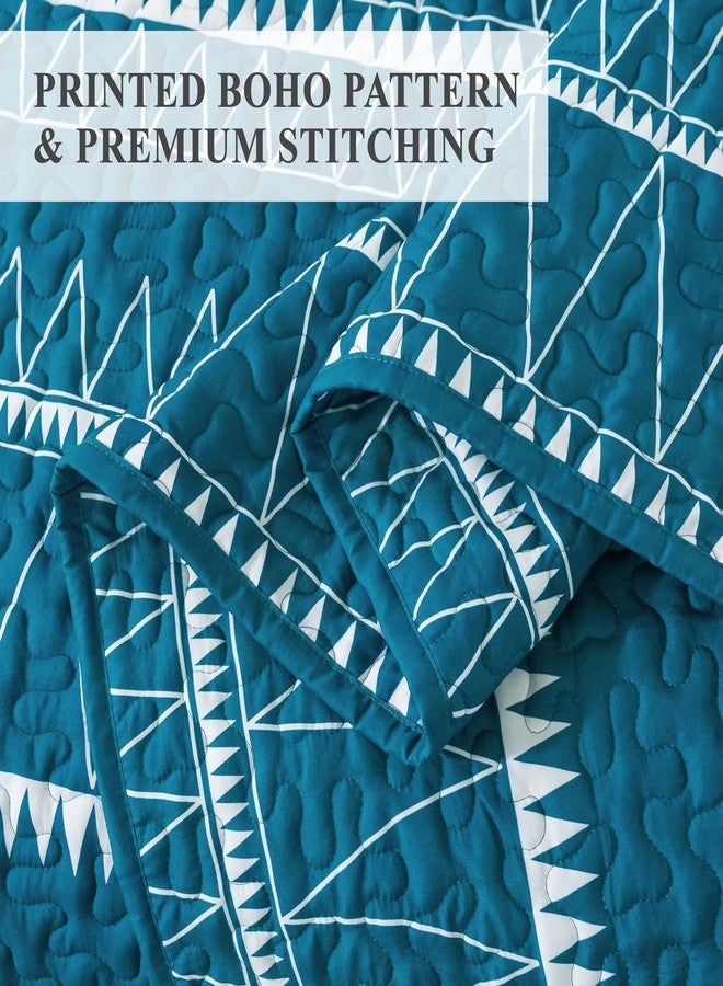 Andency Teal Quilt Set California King (112x104 Inch), 3 Pieces(1 Striped Triangle Printed Quilt and 2 Pillowcases), Bohemian Summer Lightweight Reversible Microfiber Bedspread Coverlet Sets - Image 5