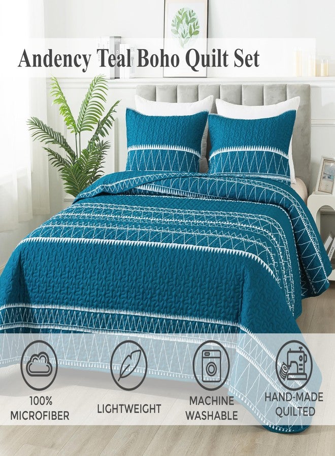 Andency Teal Quilt Set California King (112x104 Inch), 3 Pieces(1 Striped Triangle Printed Quilt and 2 Pillowcases), Bohemian Summer Lightweight Reversible Microfiber Bedspread Coverlet Sets - Image 2