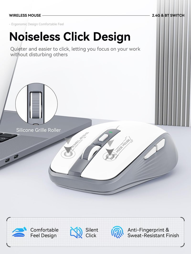 FMOUSE Wireless Mouse (Bluetooth & 2.4GHz USB), Silent Click with Side Buttons, Ergonomic Portable AA Battery Mouse with Long-Lasting Power for Laptop/Mac/iPad - Office Travel Use, White Grey - Image 4