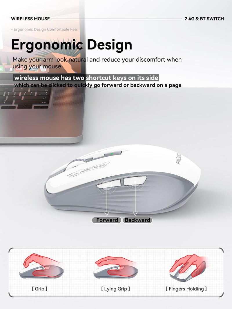 FMOUSE Wireless Mouse (Bluetooth & 2.4GHz USB), Silent Click with Side Buttons, Ergonomic Portable AA Battery Mouse with Long-Lasting Power for Laptop/Mac/iPad - Office Travel Use, White Grey - Image 5