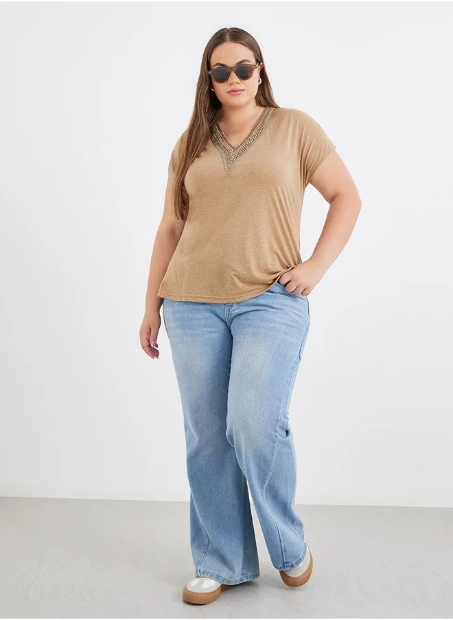 ستايلي Styli Plus Brown T-Shirt with Lace Detail