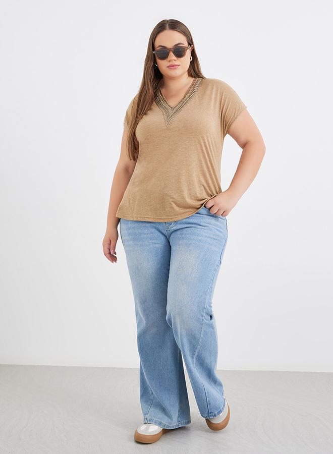 Styli Plus Brown T-Shirt with Lace Detail - Image 2