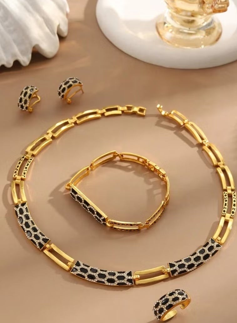 YUFAN 4-Piece Gold and Black Snake Print Jewelry Set, Necklace, Bracelet, Ring and Earrings, Tarnish-Resistant Finish, for Weddings, Eid Celebrations and Daily Elegance - Image 1