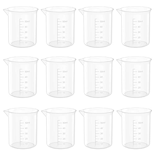 Goiio 1.7 Oz Transparent Lab Measuring Cup, 50ml Plastic Beaker Cups, for Science Experiment, Liquid Measuring, 12 Pcs - Image 1